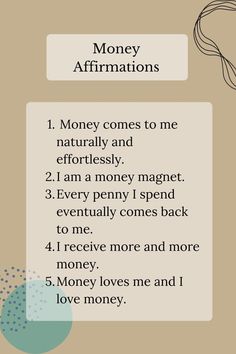 a poster with the words money affirmations written in black and white on it