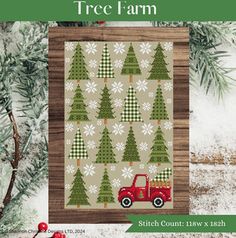 a christmas tree farm quilt pattern with a red truck in the middle and snow on the ground