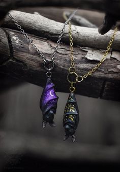 Purple Starry Sky, Witch Gifts, Branch With Leaves, Flying Fox, Foxes Necklace, Gothic Necklace, Jewelry Tags, Fantasy Jewelry