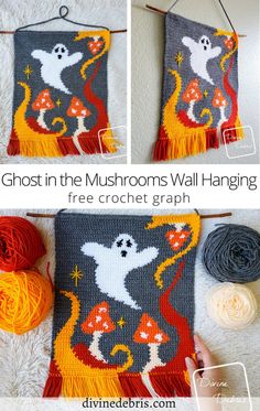 three pictures showing how to crochet ghost in the mushrooms wall hanging with yarn