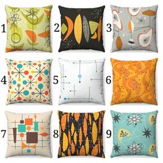 six pillows with different designs on them, all in various sizes and colors to choose from