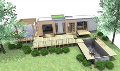 a 3d rendering of a house in the middle of a field with trees and grass