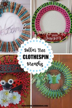 four different pictures of clothespin wreaths with the words dollar tree and other items