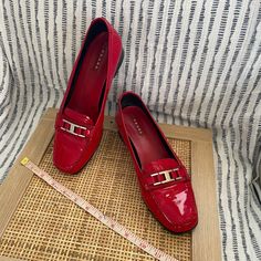 Brand: Prada Size: 8.5 Color: Red Features: Classic Red Loafers With Silver Buckle Detail Flaws: Normal Wear And Tear. Small Yellow Paint Mark As Pictured Fit: True To Size Condition: Excellent Made In Italy Measurements: Heel: 1" Fast Shipping. Ships The Next Day. Red Patent Leather Slip-on Loafers, Red Patent Leather Loafers For Formal Occasions, Red Patent Leather Loafers For Formal Wear, Red Flat Heel Loafers For Formal Occasions, Red Formal Loafers With Flat Heel, Red Pointed Toe Loafers For Galas, Elegant Red Loafers With Almond Toe, Elegant Red Almond Toe Loafers, Red Slip-on Formal Heels