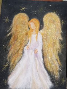 a painting of an angel with blonde hair and white dress standing in front of stars