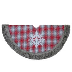 a snowflake on a red and white checkered fabric with grey fur trim