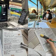 there are many different pictures of people working on laptops and writing in notebooks