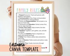 a woman holding up a family rules poster in front of her face with the words, education canva template