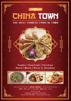 the menu for china town is shown in red and gold colors, with pictures of different foods