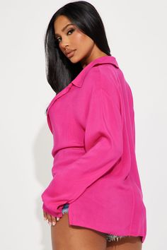 Available In Blue, Beige, And Fuchsia. Shirt Long Sleeve Button Down Collar 100% Rayon Imported | Vivien Shirt in Fuchsia size Small by Fashion Nova Oversized Long Sleeve Pink Blouse, Pink Collared Shirt For Fall, Pink Relaxed Fit V-neck Shirt, Pink Relaxed Fit Blouse For Fall, Trendy Pink Collared Top, Relaxed Fit Pink Blouse For Fall, Pink Collared Tops With Button Closure, Casual Pink Top With Lapel Collar, Chic Pink Collared Shirt