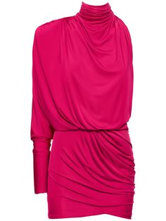 Back button and zip closure. Back cutout. Draped panels. Model is wearing a size36 Draped Mini Dress, Versace Brand, Drape Panel, Alexandre Vauthier, Designer Drapes, Shearling Jacket, Mini Dress With Sleeves, Swimwear Tops, Party Outfit