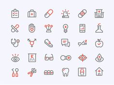 the medical icons are shown in red and gray colors, including symbols such as eye glasses