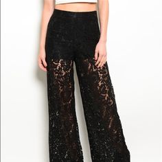 Nwt Black Lace Pants Side Zipper 100% Poly Black Wide-leg Pants For Date Night, Wide Leg Black Pants For Date Night, Black Wide-leg Pants For Going Out, Black Wide-leg Party Pants, Black Wide-leg Pants For Night Out, Black Wide-leg Party Bottoms, Black Wide Leg Pants For Date Night, Black Long Pants For Going Out, Black Party Pants For Spring