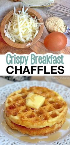 some food that is on top of a plate and the words crispy breakfast chaffles