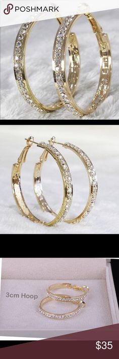 Stunning 18k gold plated CZ earrings Absolutely beautiful and so expensive looking. I get so many compliments when I wear mine. Jewelry Earrings Elegant Hoop Earrings With Bling For Gifts, Elegant Crystal Hoop Earrings With Bling, Diamond Rhinestone Hoop Earrings, Elegant Gold Hoop Earrings With Bling, Gold Bling Hoop Earrings, Elegant Bling Hoop Earrings For Anniversary, Diamond Hoop Earrings With Rhinestones, Gold Crystal Hoop Earrings With Rhinestones, Gold Hoop Earrings With Bling For Anniversary