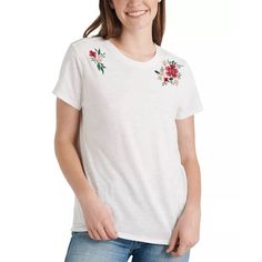 Lucky Brand's Comfortable Cotton T-Shirt Is An Update On The Classic Short-Sleeve Essential, With Its Colorful Embroidered Accents. Cotton T-shirt With Embroidery For Spring, Casual Embroidered T-shirt For Summer, White Crew Neck T-shirt With Floral Applique, Floral Applique Short Sleeve Top In Relaxed Fit, Casual Crew Neck T-shirt With Floral Applique, White Short Sleeve Top With Floral Applique, White Floral Applique Short Sleeve Top, Casual Cotton Tops With Floral Embroidery, Cotton Tops With Floral Applique In Relaxed Fit