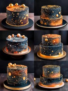 four different pictures of a cake with gold and blue frosting