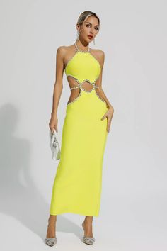 Elevate your style this season with our sexy Megan Yellow Cut Out Bodycon Dress. In a vibrant lemon yellow hue, enhanced with a rhinestone design for a touch of glamour. This fashionable and hot holiday party dress will ensure you make a statement wherever you go.    Dress Length: Approx 140cm Materials: Polyester Gentle Dry Clean Only  The model is 5 ft 7 and wears size S  Color may vary due to lighting on images. The product images (without a model) are closest to the true color of the product Cut Out Bodycon Dress, Glitter Wedding Dress, Holiday Party Dress, Bandage Midi Dress, Floral Shirt Dress, Holiday Party Dresses, Dresses Elegant, Puff Sleeve Dresses, Evening Dresses Elegant