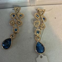 Gold Tone Nwt Earrings With Blue Stone . One Hinge Is Missing Post Style Blue Metal Clip-on Jewelry, Elegant Blue Drop Clip-on Earrings, Blue Metal Clip-on Earrings, Blue Drop Clip-on Earrings For Formal Occasions, Blue Drop Clip-on Earrings For Evening, Blue Drop Clip-on Earrings For Formal Events, Blue Formal Clip-on Drop Earrings, Formal Blue Chandelier Earrings, Blue Metal Drop Clip-on Earrings