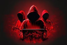 three hooded men sitting in front of a laptop computer with red lights on it and the image is dark