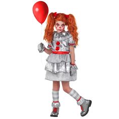 PRICES MAY VARY. This clown costume includes a puffed dress with distressed print fabric and red trims, gloves with ruffle edge and matching stripey legwarmers 3 Sizes available! Our girls clown costume is available in sizes S,L and XL. Please refer to our size image for further sizing information Become your Halloween parties' next it girl! This costume is true to the movie character, and is comfortable to wear as it is made with stretchy fabrics and an elasticated waist Founded in 2009 by 3 fr Creepy Clown Girl Costume, Girls Clown Costume, Cute Clown Costume, Evil Clown Costume, Girl Clown Costume, Scary Clown Halloween Costume, Scary Clown Costume, Clown Halloween Costumes, Scary Kids