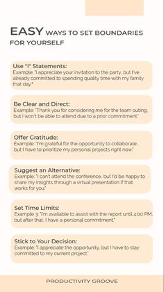 Image displaying easy ways to set boundaries with six ways and examples to do so. Healthy lifestyle, routines, personal development, journaling, self-care, wellness Setting Boundaries With Clients, Types Of Boundaries Relationships, Work Boundaries Examples, How To Set Personal Boundaries, Setting Boundaries Examples, Setting Boundaries Activities, Journal Prompts For Setting Boundaries, How To Communicate Boundaries, Boundary Setting Statements