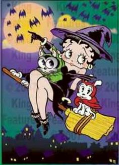 an old fashioned halloween card with a witch and cat riding on a broom in front of a full moon