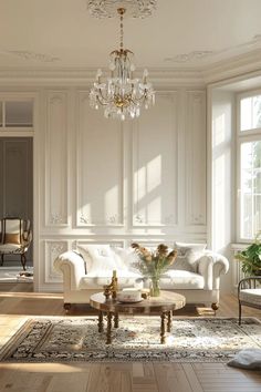 a living room filled with furniture and a chandelier