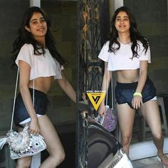 two pictures of a woman in short shorts and crop top holding a handbag while standing next to a door