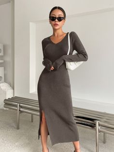 Coffee Brown Elegant Collar Long Sleeve Fabric Plain  Embellished High Stretch Fall/Winter Women Clothing Black Ribbed Midi Dress Outfit, Ribbed Dress Outfit, Knitted Dress Outfit, Midi Dress Outfit, Ribbed Dress, Winter Outfit Inspiration, Sweater Dress Women, Modieuze Outfits, Outfits Fall