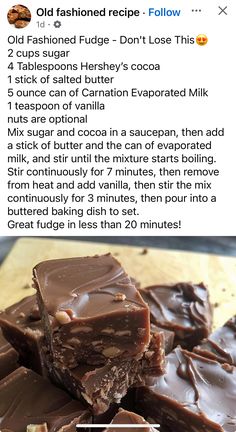 chocolate brownies are stacked on top of each other with the words old fashioned recipe below