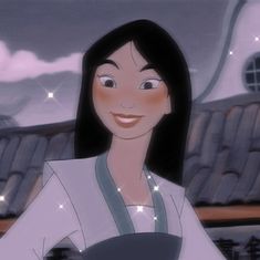 an animated woman standing in front of a building with stars on it's roof