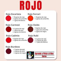 a poster with different colors and names for the spanish word rojo, which is written in