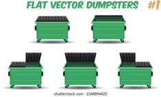 four different types of dumpsters with the words flat vector dumpsters on each side