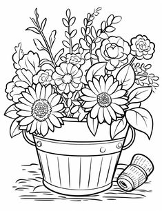 flowers in a bucket coloring page