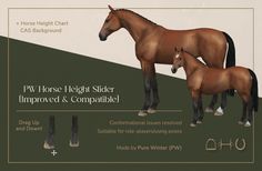 two brown horses standing next to each other on a green and white background with the words pw horse height sticker