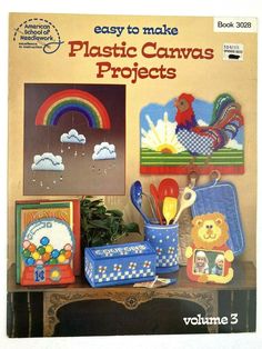 the cover of an easy to make plastic canvas projects book, featuring various items on a table