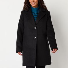 Exude elegance day-to-day in the cooler months thanks to this Liz Claiborne women's trench coat. Made from a warm woven blend, this midweight plaid style has a button-front closure, side slip pockets, and a notch collar. Wear it with a sweater and slim-fit pants or jeans.Closure Type: ButtonFit: Classic FitNeckline: Collar NeckPockets: 2 Side Slip PocketsSleeve Length: Long SleeveWarmth Factor: MidweightApparel Length: 32.75 InchesOuterwear Length: MidFiber Content: 100% PolyesterFabric Description: WovenLining Material: PolyesterCoat Style: Wool CoatsCollar: Notch CollarCare: Dry Clean OnlyCountry of Origin: Imported Women's Trench Coat, Pea Coats Women, Peacoats, Trench Coat Black, Notch Collar, Plaid Fashion, Trench Coats Women, Coat Black, Fit Pants