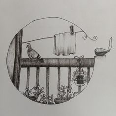 a drawing of a bird sitting on a fence with a towel hanging from it's pole