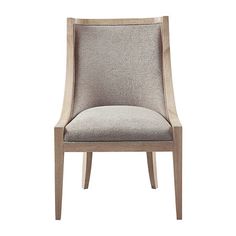 an upholstered chair with a wooden frame and fabric seat pad on the back