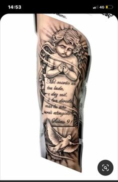 a tattoo with an angel on the arm and some words above it, in black and white