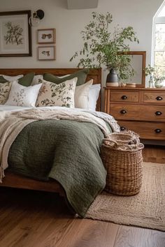 a bed with pillows and blankets in a bedroom next to a dresser filled with plants