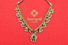 Shop traditional gold plated green stone necklace online in USA with pearls. Shop gold plated jewelry, silver jewelry,  silver earrings, bridal jewelry, fashion jewelry from Amrapali from Pure Elegance Indian clothing store in USA.-full view Traditional Yellow Gold Necklace With Polished Beads, Traditional Green Necklace With Stone Setting, Traditional Green Gemstone Necklace, Traditional Green Jewelry With Pearl Pendant, Traditional Green Hand-strung Necklace, Amrapali Jewellery, Green Stone Necklace, Bangle Ring, Fashion Journals