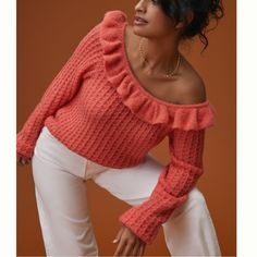 Selling A Classic Anthropologie Ruffled Boat Neck Sweater Size Xl. Pink Color. Never Worn, Nwt. From A Smoke And Pet Free Home. Bundle To Save Z12 Coral Sweater, Boat Neck Sweater, Pink Pullover Sweater, Cut Clothes, Ruffle Sweater, Corduroy Trousers, Ruffled Neckline, Cold Shoulder Sweater, Open Knit Sweater