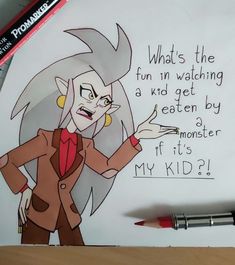 a drawing of a cartoon character pointing at something with an expression written on the paper