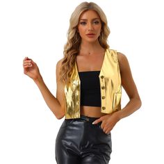 This metallic vest with holographic shiny fabric and crop-length details shows off your stylish look. Pair with jeans and high heels to complete the fashionable look. The shiny metallic design brings a unique style to this vest. Metallic fabrics shimmer and are unique, making a statement and standing out at weekend gatherings. A perfect vest for parties and gatherings. Hand Washes only! Gold Sleeveless Party Vest, Trendy Tank Top For Night Out In Fall, Fall Sleeveless Crop Top For Night Out, Party Sleeveless Cropped Top, Party Vest Crop Top, Trendy Spring Party Vest, Sleeveless Crop Top For Fall Party, Glamorous Spring Vest For Night Out, Fitted Cropped Party Vest