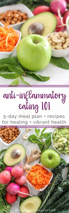 Anti-Inflammatory Eating 101 - Your essential guide to the anti-inflammatory foods, recipes and must-know details when starting an anti-inflammatory diet. This guide also includes a 5-day meal plan to help you get started, with anti-inflammatory breakfasts, lunches, dinners and snack ideas. All recipes are gluten-free and dairy-free. Source: Eat Spin Run Repeat // @eatspinrunrpt Diet Shakes, 5 Day Meal Plan, Diet Fast, Power Salad, Autoimmune Diet, Inflammation Diet, Anti Dieting, Diet Doctor, Healthy Bacteria