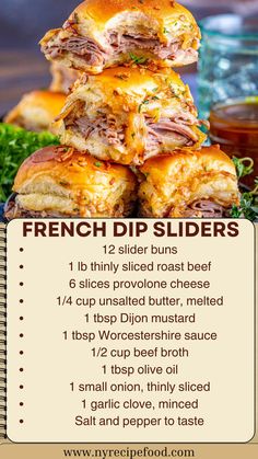 These French Dip Sliders are the perfect combination of tender beef, melty cheese, and a savory au jus dip, all served on soft slider buns. A crowd-pleasing bite-sized version of the classic French dip sandwich!  Preheat the oven to 350°F (175°C). Place the slider buns on a baking sheet and cut the tops off. Set aside. In a pan, heat olive oil over medium heat. Sauté the onions and garlic until soft and caramelized, about 8 minutes. Set aside. Layer the bottom half of the buns with roast beef, a slice of provolone cheese, and caramelized onions. Place the top buns over the filled sliders. Mix together melted butter, Dijon mustard, Worcestershire sauce, and beef broth. Drizzle the sauce over the tops of the sliders. French Dip Sliders Au Jus, Roast Beef And Cheese Sliders, Roast Beef Sandwich With Au Jus, Easy Buffet Food Ideas Party, French Onion Beef Sliders, Oven Baked Burgers, French Dip Sliders, Hot Beef Sandwiches, Philly Cheese Steak Sliders