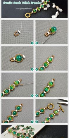 instructions to make an elegant beaded bracelet with green beads and gold wire, on a table