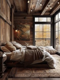 a bedroom with wooden walls and flooring has a large bed in front of a window